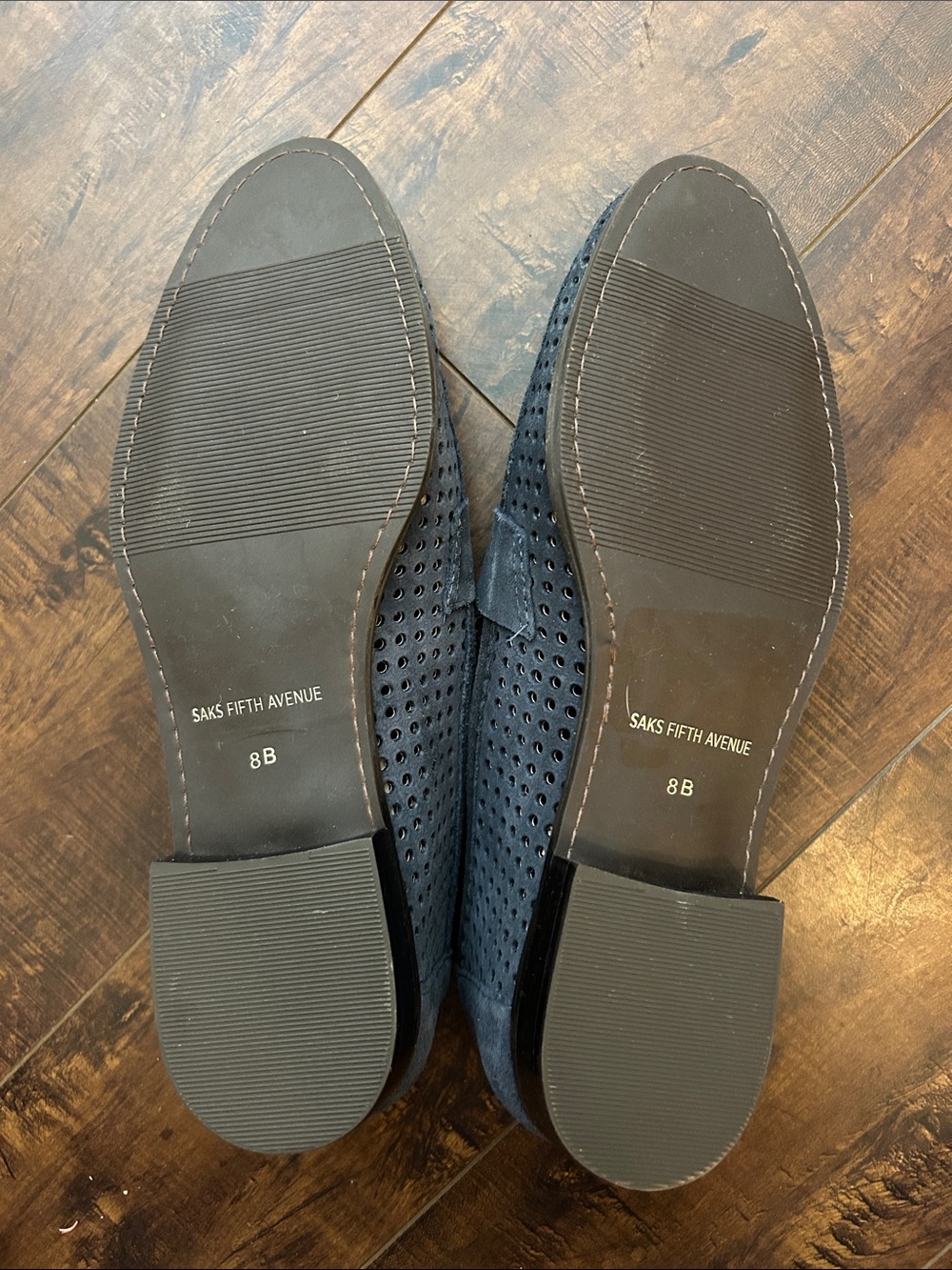 Saks Fifth Avenue Navy Suede Perforated Penny Loafers - Picture 2 of 5